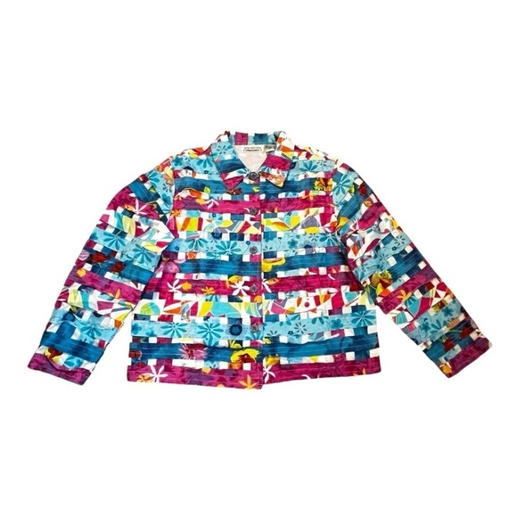 New Direction Artsy Blouse Jacket Colorful Patchwork Collared Button Up Size XL - Picture 2 of 7